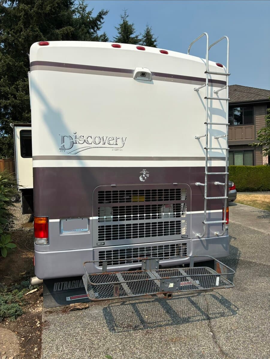 Fleetwood Discovery 37V motorhome rear after wash and wax