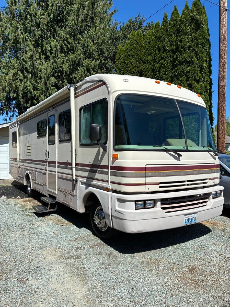 Class A motorhome with restored glossy finish after professional wash and wax in Monroe, WA