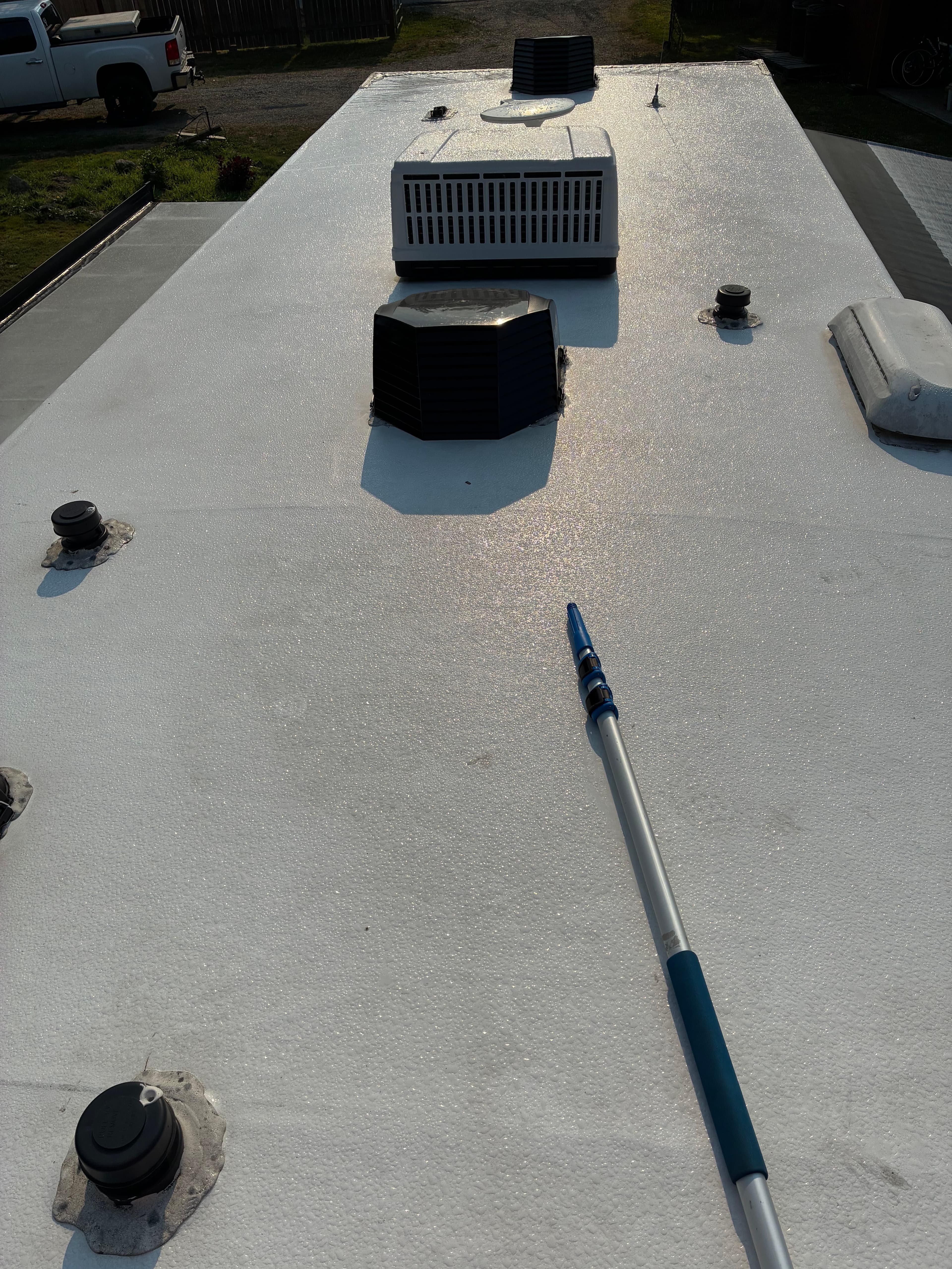 Motorhome roof with grime and discoloration before professional RV roof cleaning in Tulalip, WA
